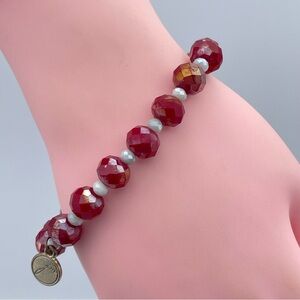 Beautiful Red Faceted Bead Stretch Bracelet w/ White Accents & Gold Charm